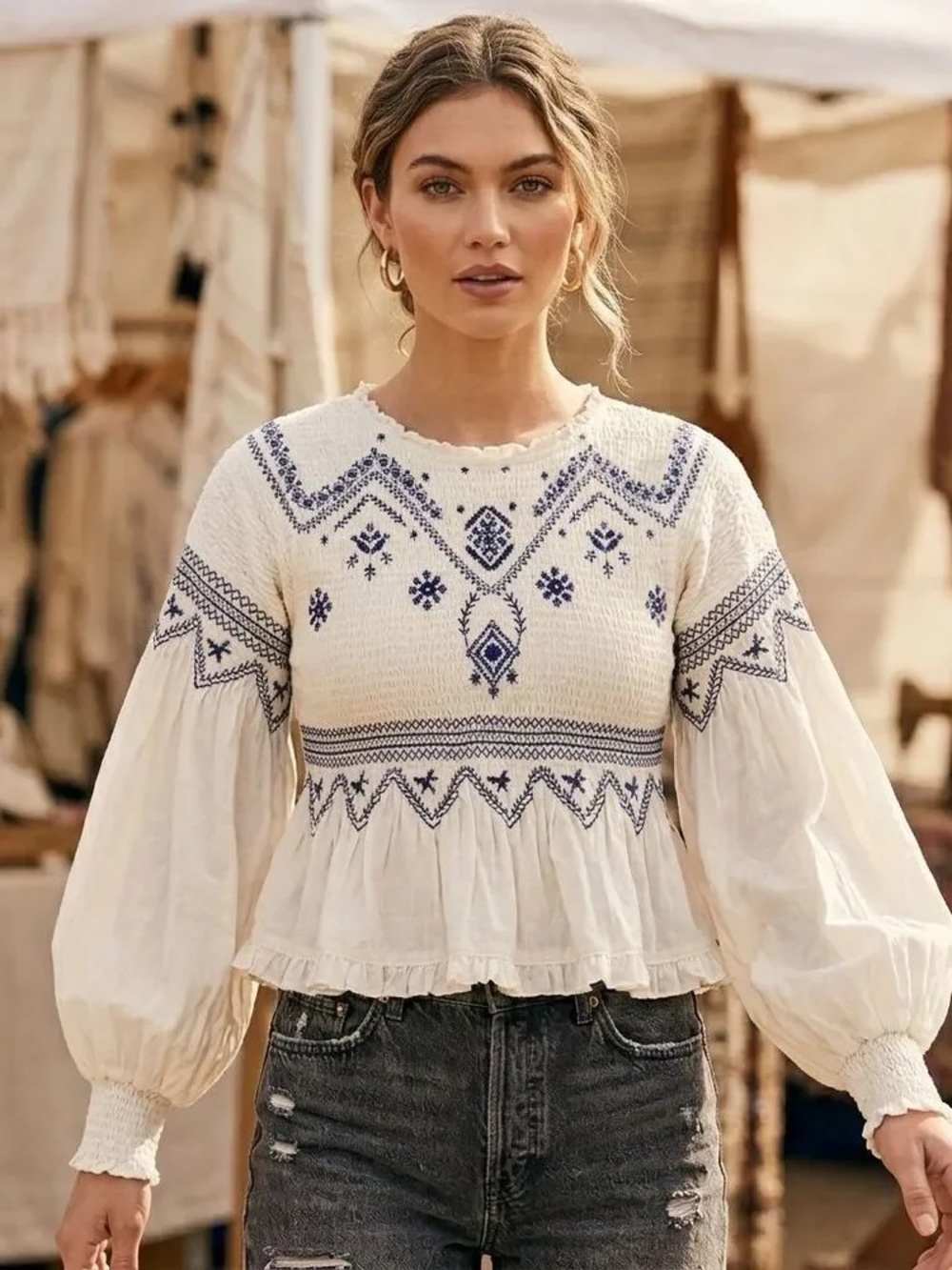 Free People Holly Embroidered Smocked Peplum Balloon Sleeve Boho Top NWT L